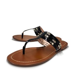 Kate Spade Carol Black Patent Leather Gold Spade Studs Slide-On Thong Sandals
